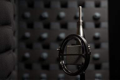 Microfone em uma cabine de gravação, simbolizando a captura de som.