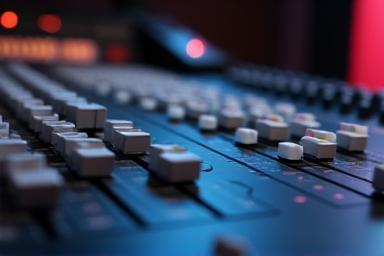 Faders de um console de mixagem de áudio, representando o ajuste fino do som.