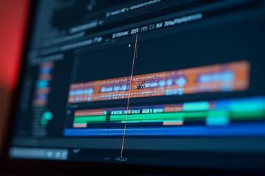 Linha do tempo de edição de vídeo em uma tela de computador, mostrando o processo de montagem.