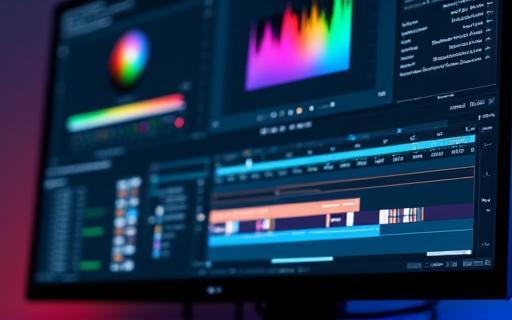 Interface de software de edição de vídeo mostrando ferramentas de correção de cor, com histograma e rodas de cores.