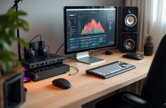 Setup de mesa limpo com monitor, fones de ouvido e interface de áudio, ilustrando o ambiente de trabalho criativo.